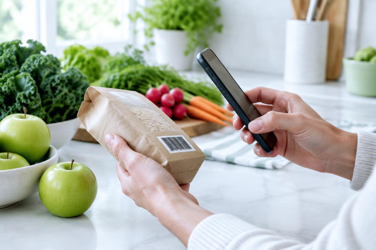 A phone scanning the barcode of a food package