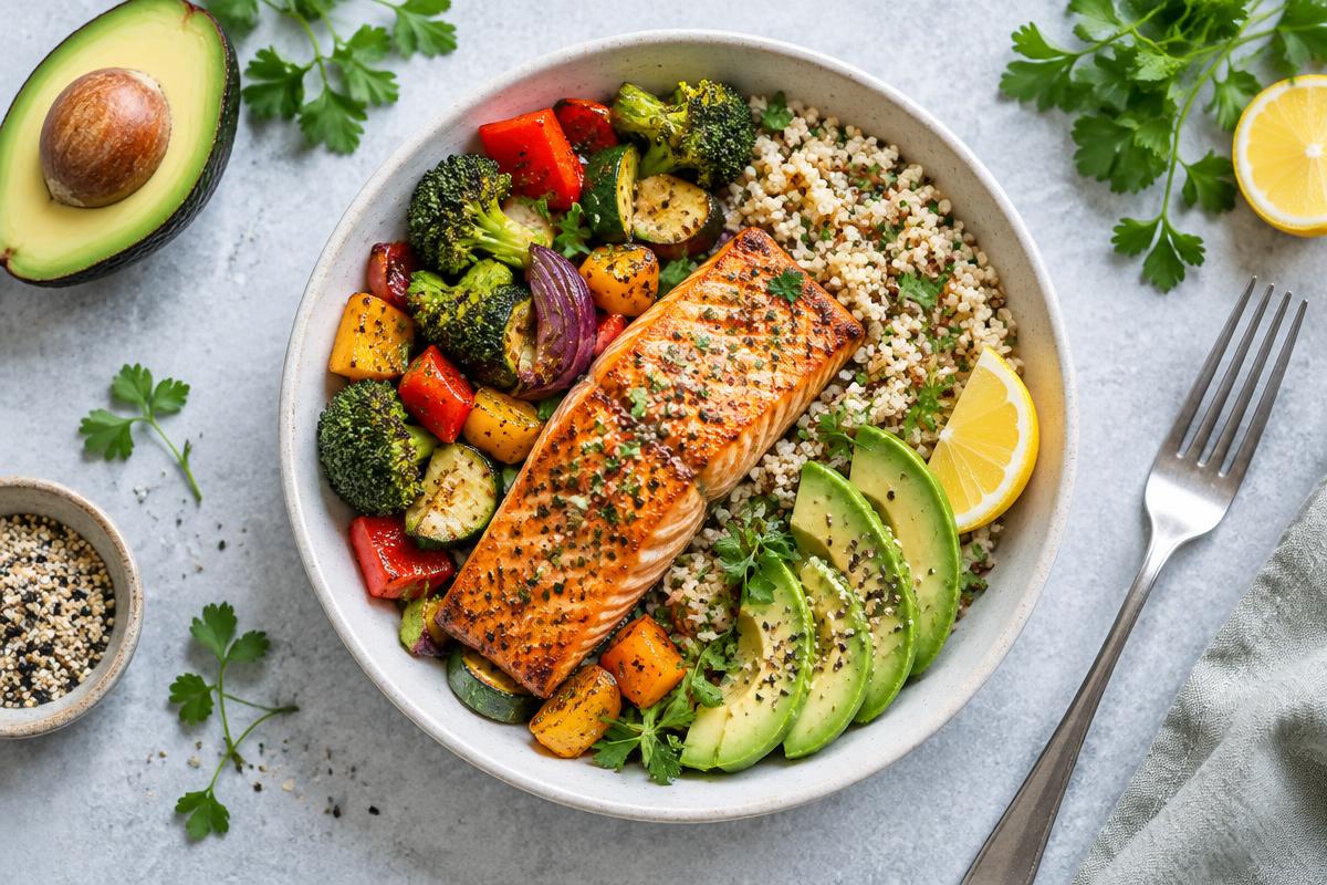 A balanced salmon bowl with quinoa and colourful vegetables